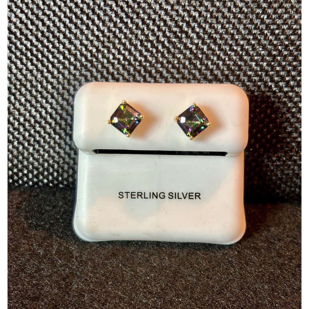 Mystic Topaz Sterling Silver Stud Earrings Square Cut Iridescent Gold Tone